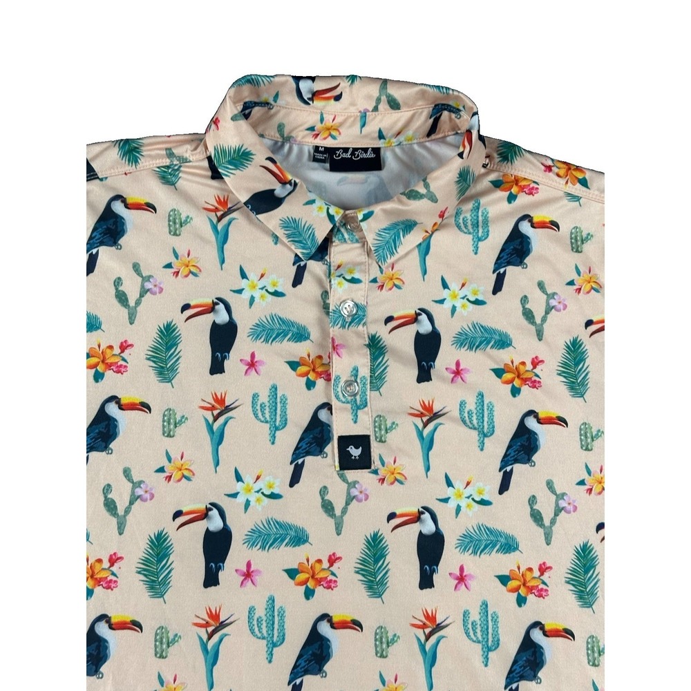 Bad Birdie Too Can Cactus Golf Polo Shirt Mens Medium Peach Graphic Floral Bird